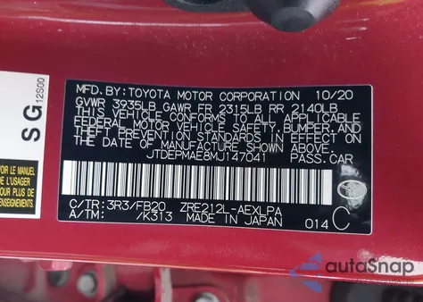 2021 Toyota Corolla Le from USA, damaged, VIN JTDEPMAE8MJ147041